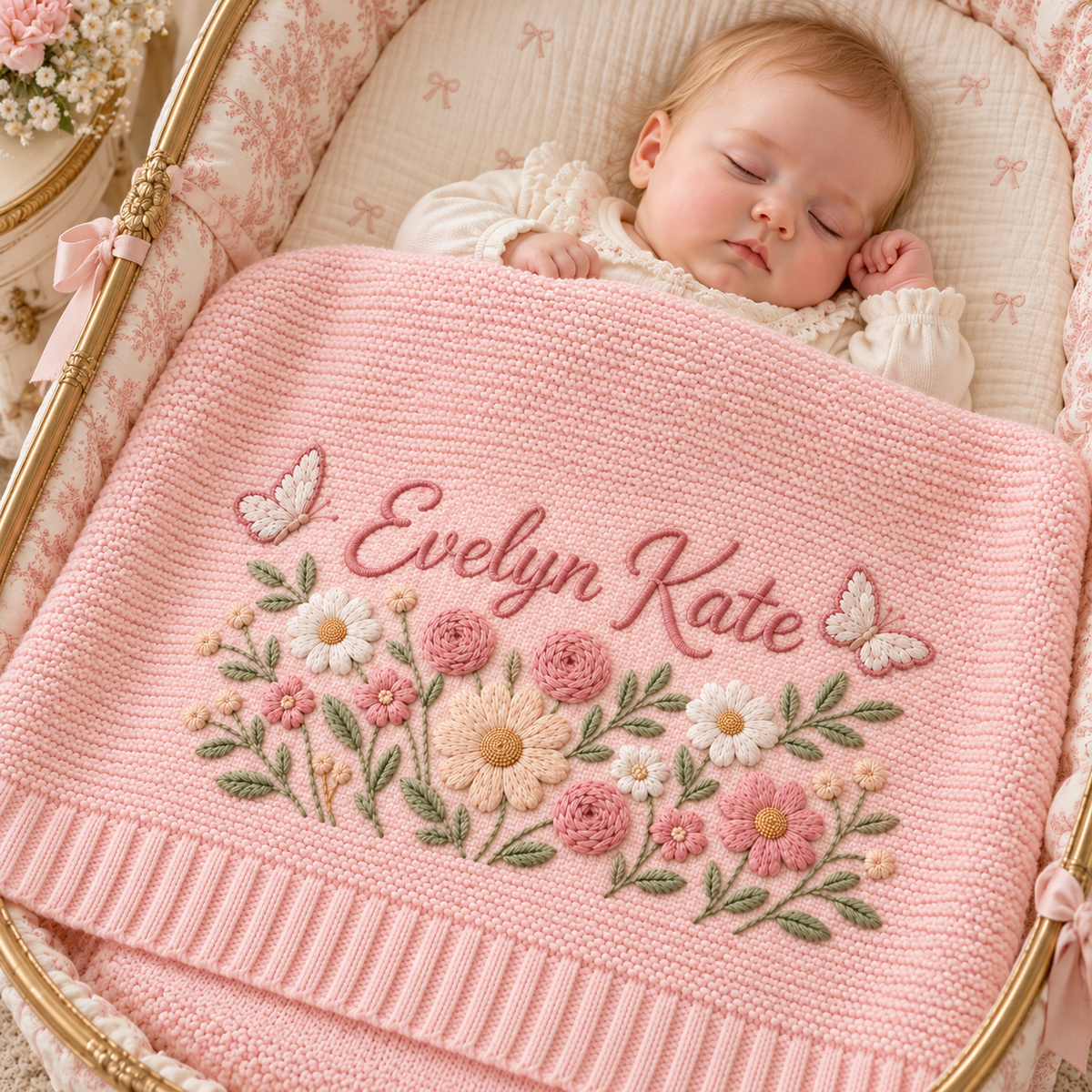 Custom Name Baby Knitted Blanket Garden Flowers Butterflies Warm Infant Swaddle Sheet