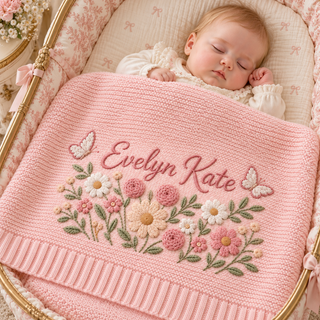 Custom Name Baby Knitted Blanket Garden Flowers Butterflies Warm Infant Swaddle Sheet