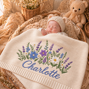 Custom Name Baby Knitted Blanket Lavender Wildflowers Warm Infant Swaddle Sheet Throw