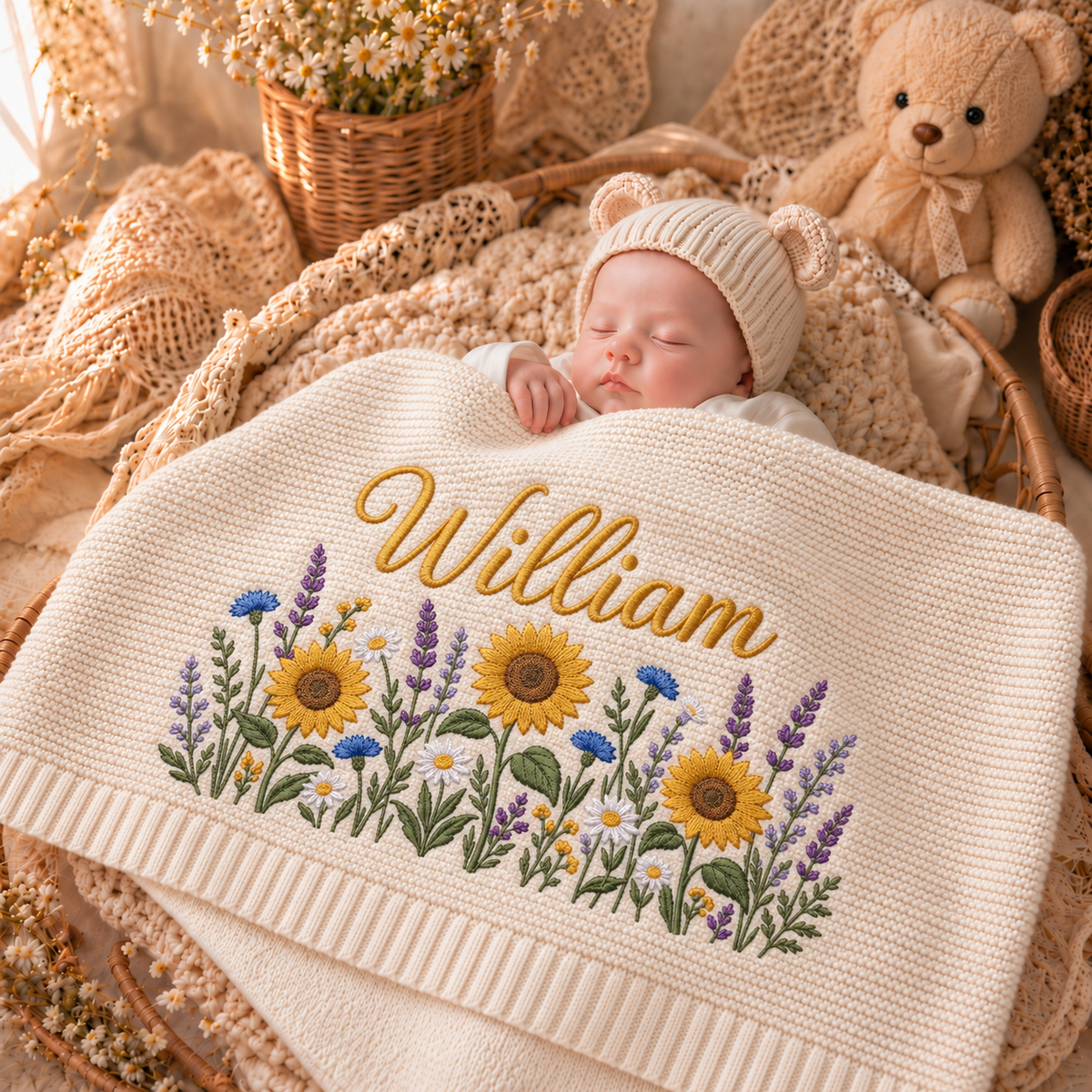 Custom Name Baby Knitted Blanket Sunflowers Lavender Warm Infant Swaddle Sheet Throw
