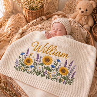 Custom Name Baby Knitted Blanket Sunflowers Lavender Warm Infant Swaddle Sheet Throw