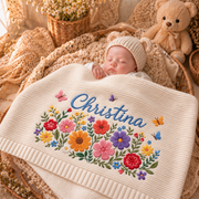 Custom Name Baby Knitted Blanket Wildflowers Butterflies Warm Infant Swaddle Sheet Throw