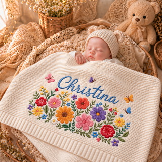 Custom Name Baby Knitted Blanket Wildflowers Butterflies Warm Infant Swaddle Sheet Throw