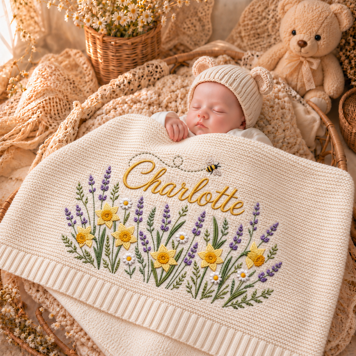 Custom Name Baby Knitted Blanket Daffodils Lavender Bee Warm Infant Swaddle Sheet Throw