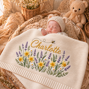 Custom Name Baby Knitted Blanket Daffodils Lavender Bee Warm Infant Swaddle Sheet Throw