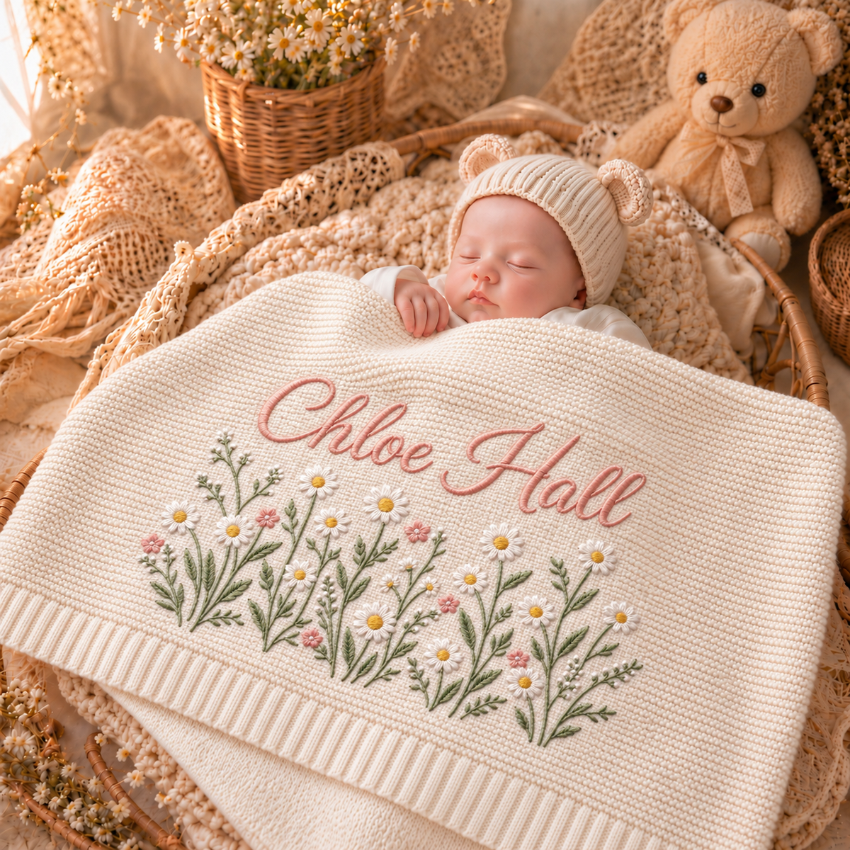 Custom Name Baby Knitted Blanket Daisy Flowers Garden Warm Infant Swaddle Sheet Throw