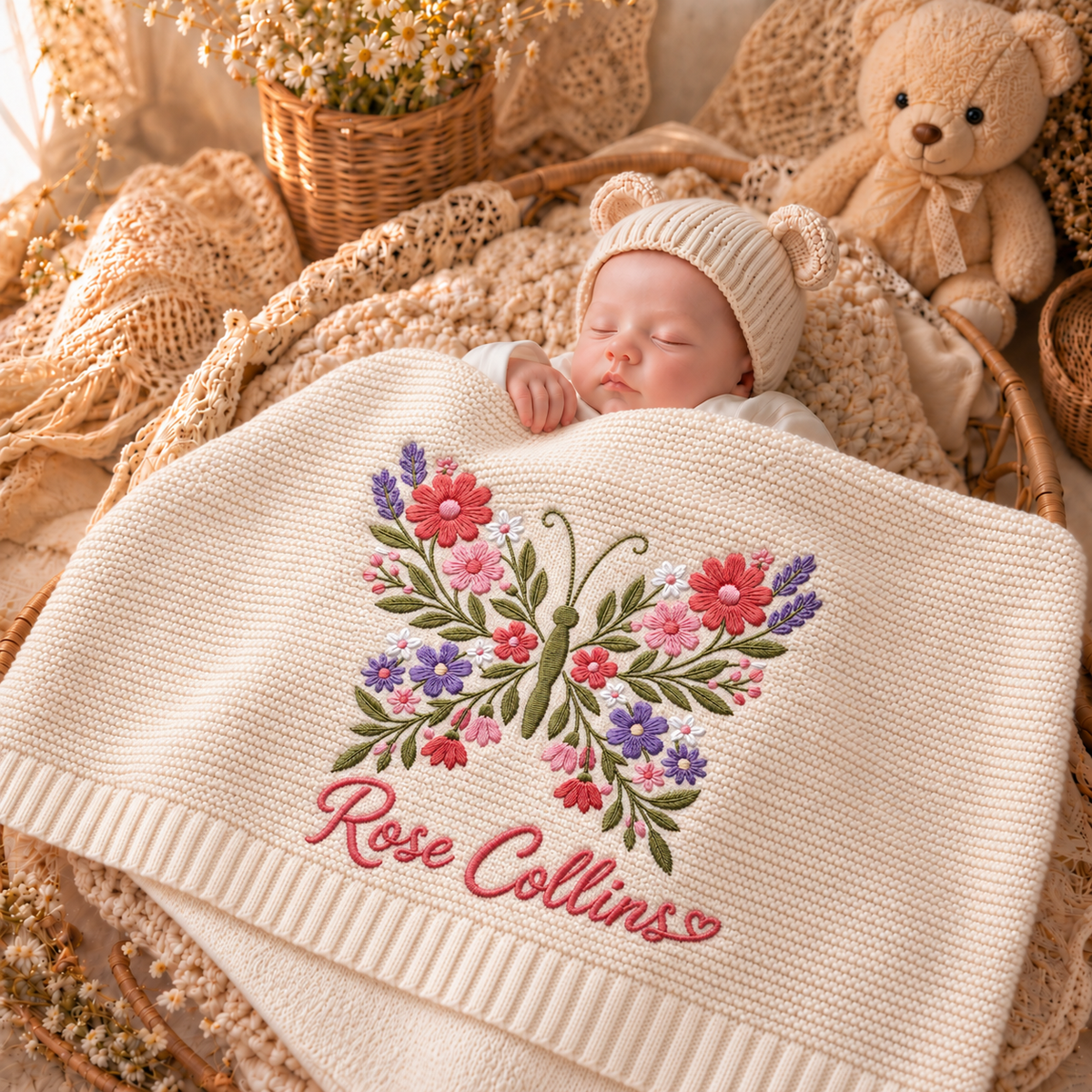 Custom Name Baby Knitted Blanket Floral Butterfly Warm Infant Swaddle Sheet Throw Cover