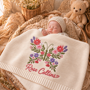 Custom Name Baby Knitted Blanket Floral Butterfly Warm Infant Swaddle Sheet Throw Cover