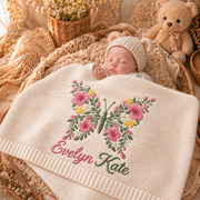 Custom Name Baby Knitted Blanket Butterfly Flowers Warm Infant Swaddle Sheet Throw Cover