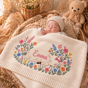 Custom Name Baby Knitted Blanket Sleeping Lamb Wildflowers Warm Infant Swaddle Sheet Throw