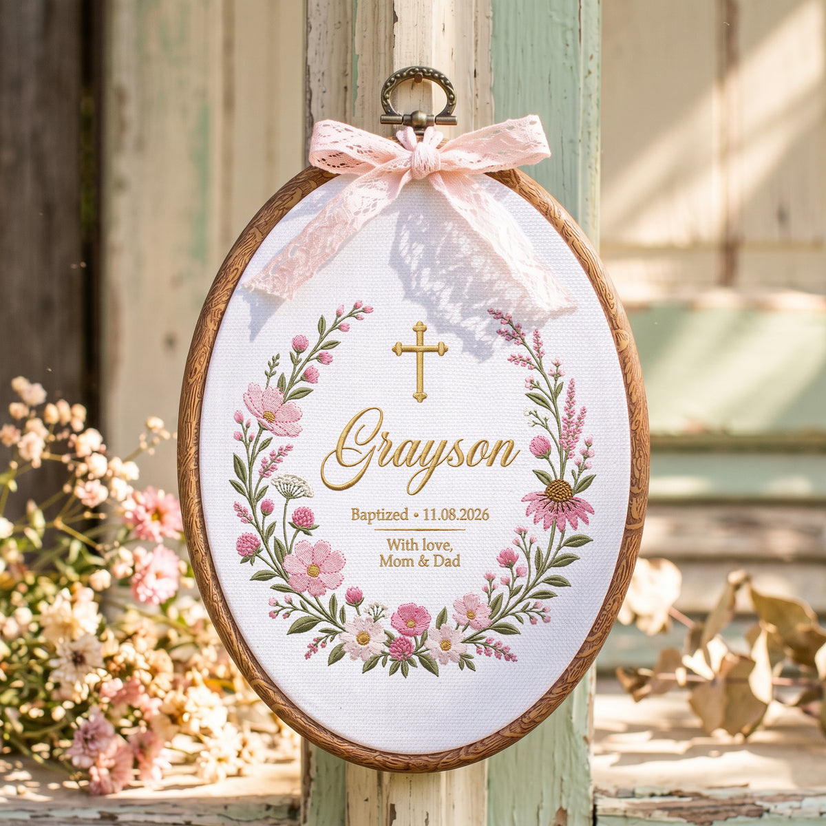 Personalized Baby Name Baptism Embroidery Hoop Art Custom Christening Floral Keepsake