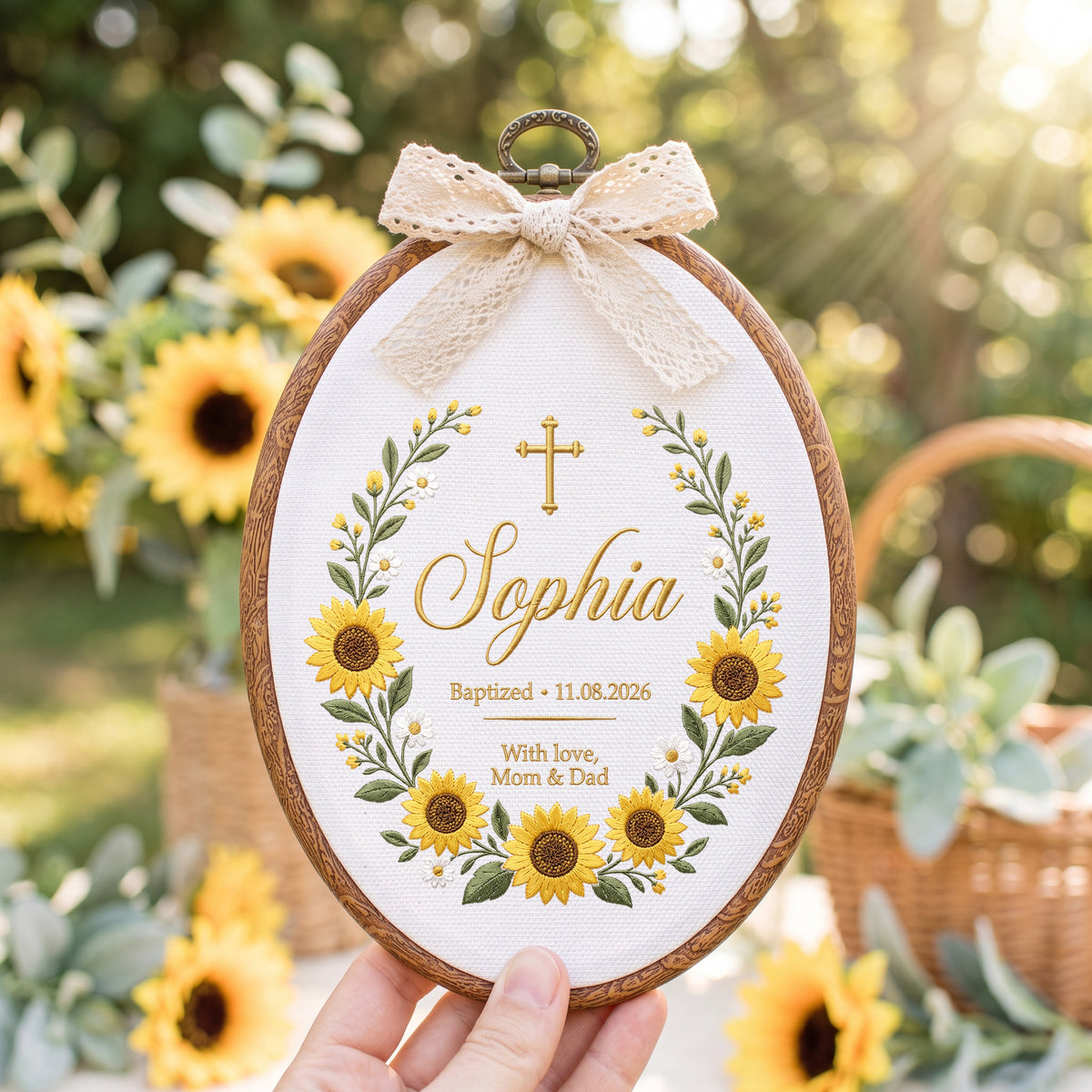 Personalized Baby Name Sunflower Baptism Embroidery Hoop Art Custom Christening Keepsake