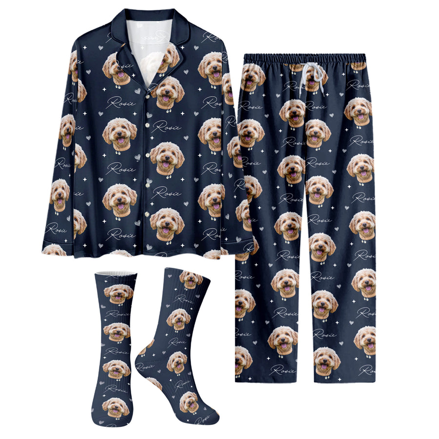 Custom Pet Face Pajamas Set Personalised Photo Name Sleepwear Gift for Cat Dog Mom