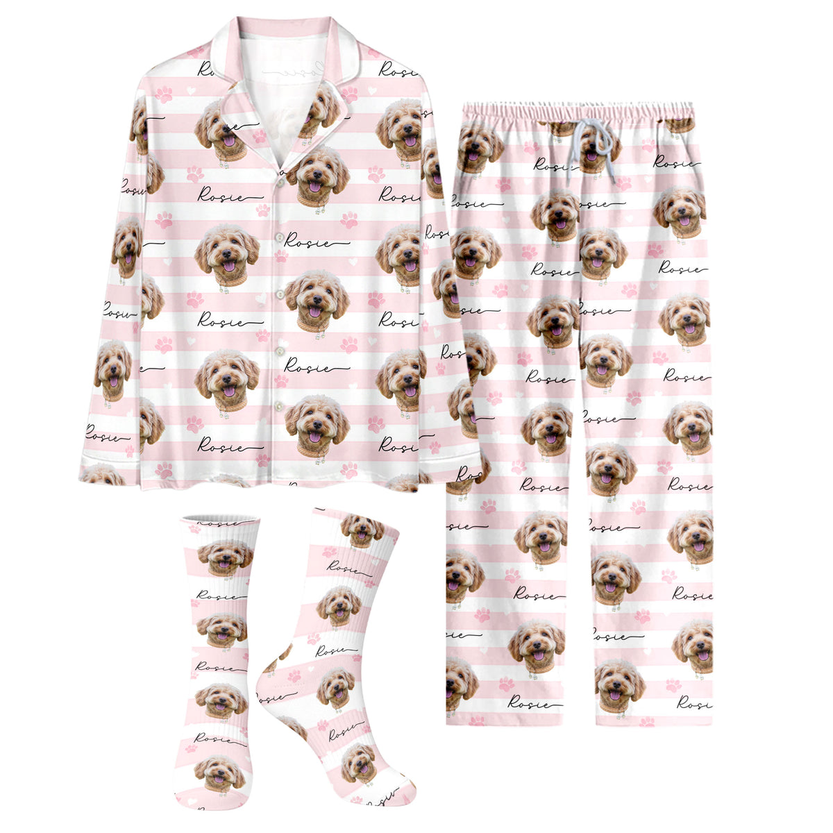 Custom Dog Face Pajamas Set Personalised Photo Name Striped Sleepwear Dog Lover Gift