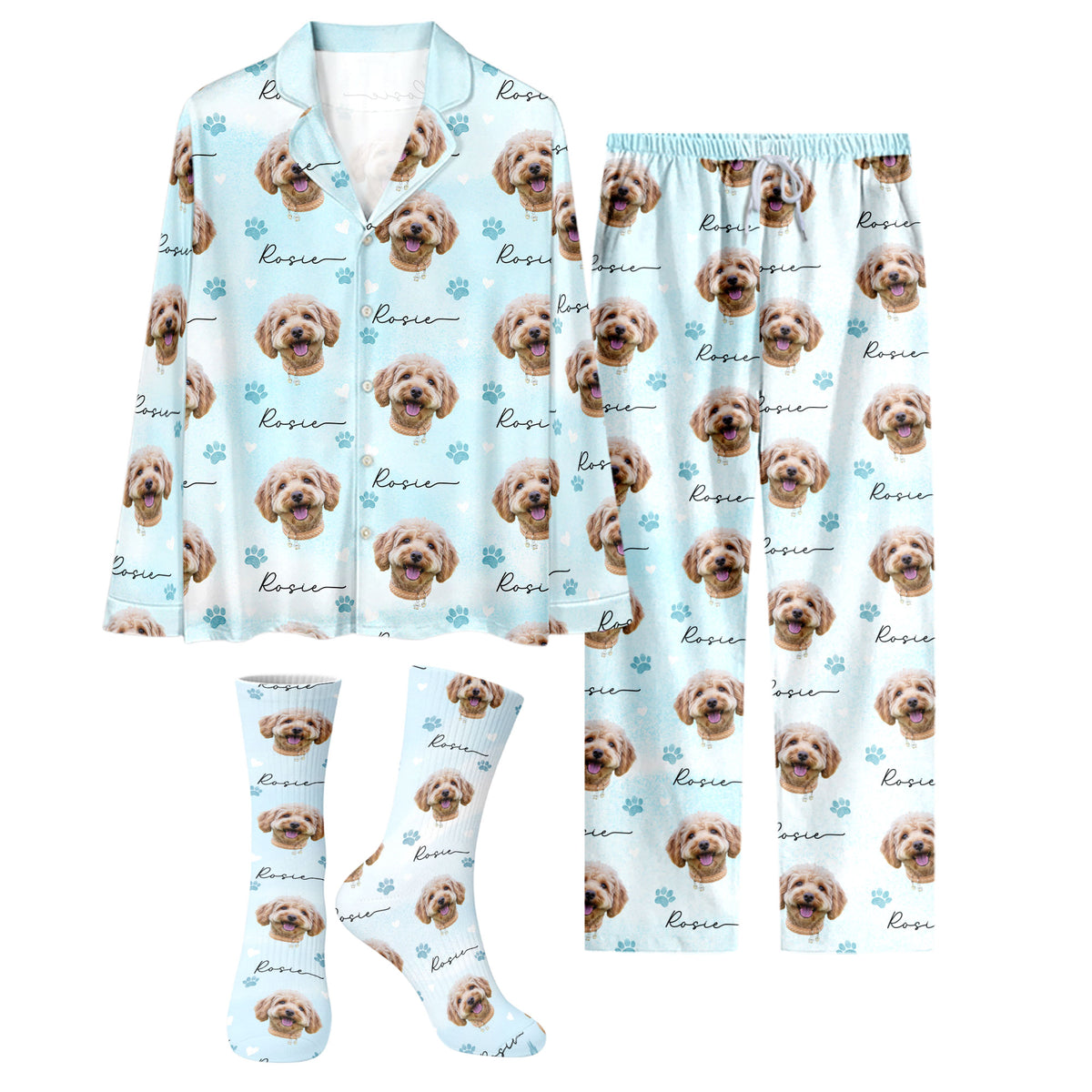 Custom Dog Face Pajamas Set Personalised Photo Name Paw Sleepwear Dog Mom Dad Gift