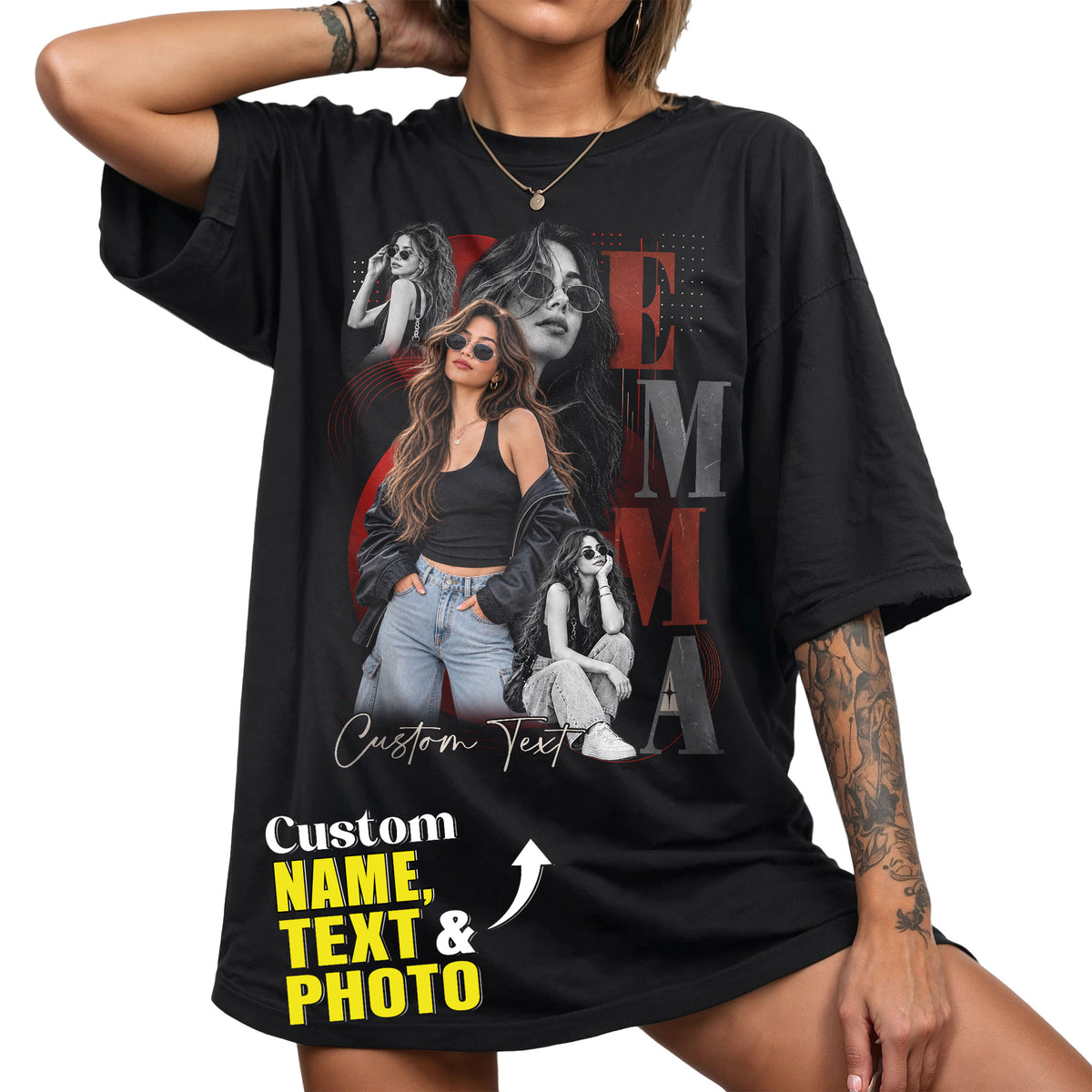 Custom Photo T-Shirt Vintage Rap Tee Graphic Shirt Custom Name Picture Collage Oversized