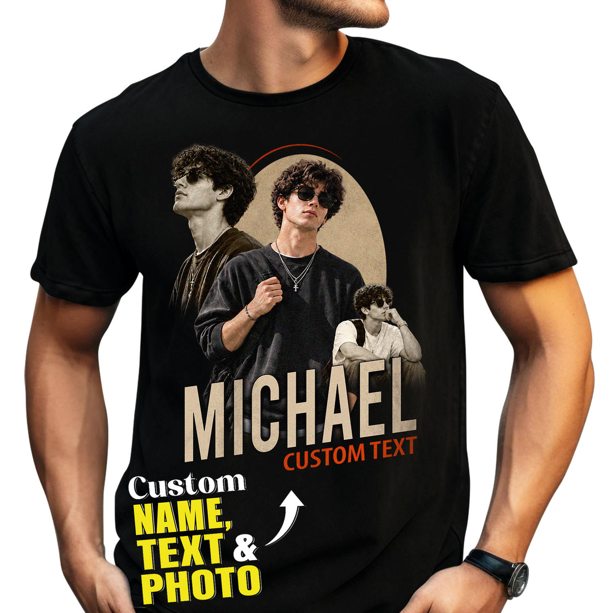 Custom Photo T-Shirt Vintage Oval Graphic Shirt Personalized Picture Bracket Name Custom Tee