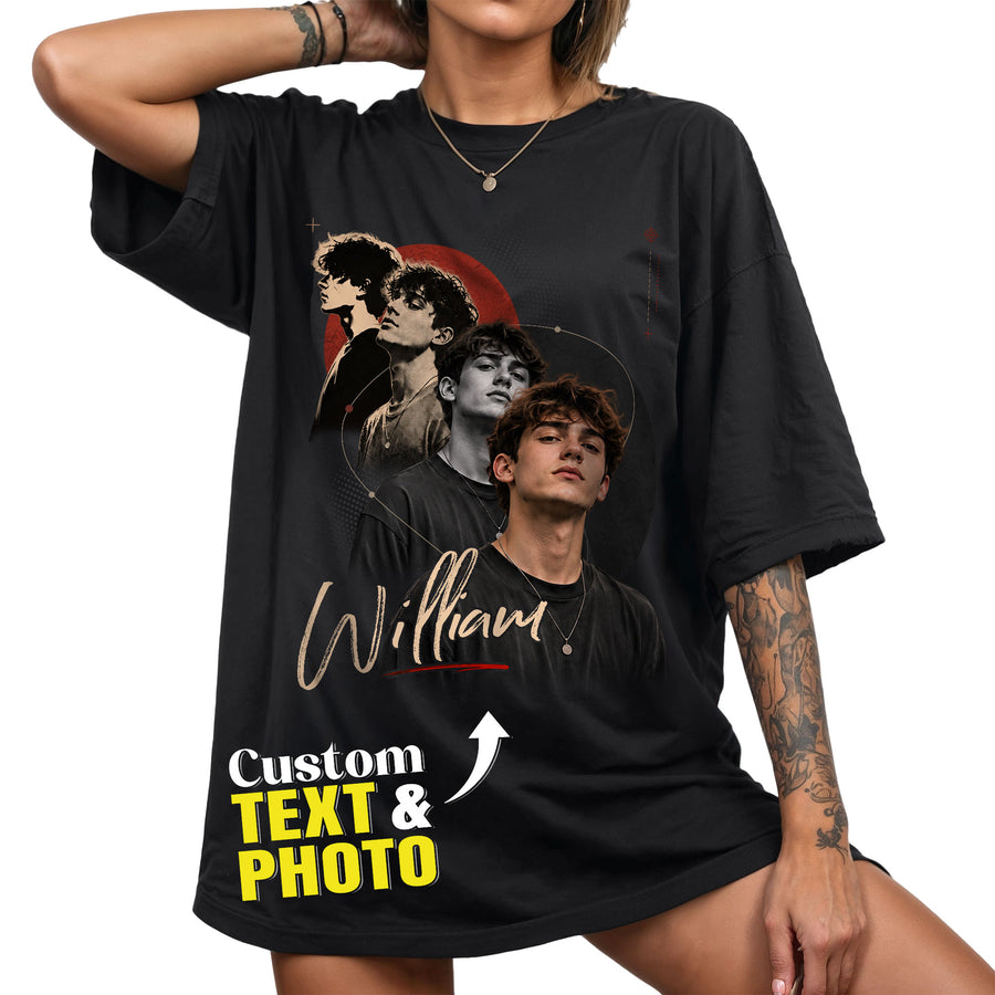 Custom Photo T-Shirt Vintage Cursive Script Graphic Tee Personalized Picture Name Shirt
