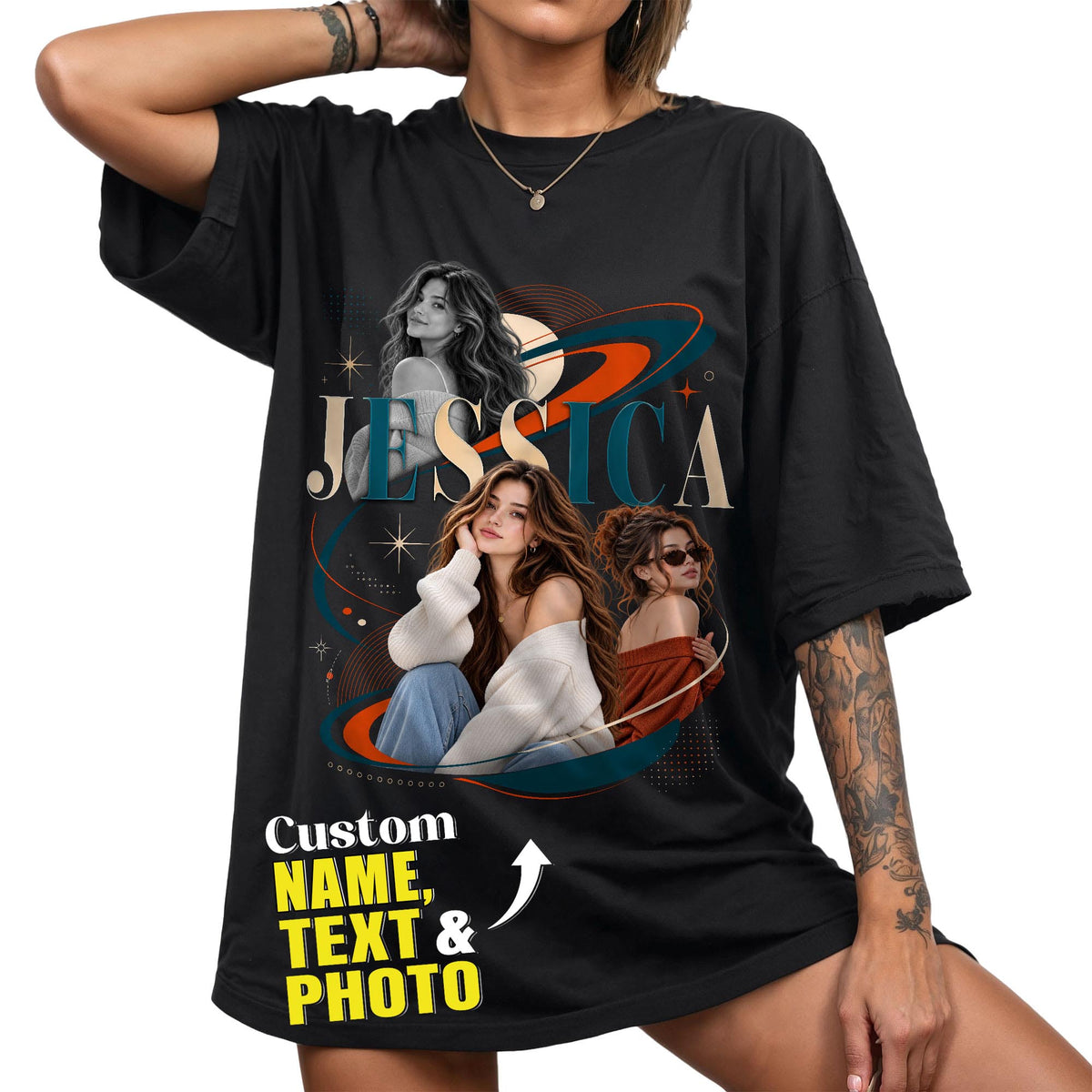 Custom Photo T-Shirt Vintage Planetary Orbit Graphic Tee Personalized Name Picture Shirt