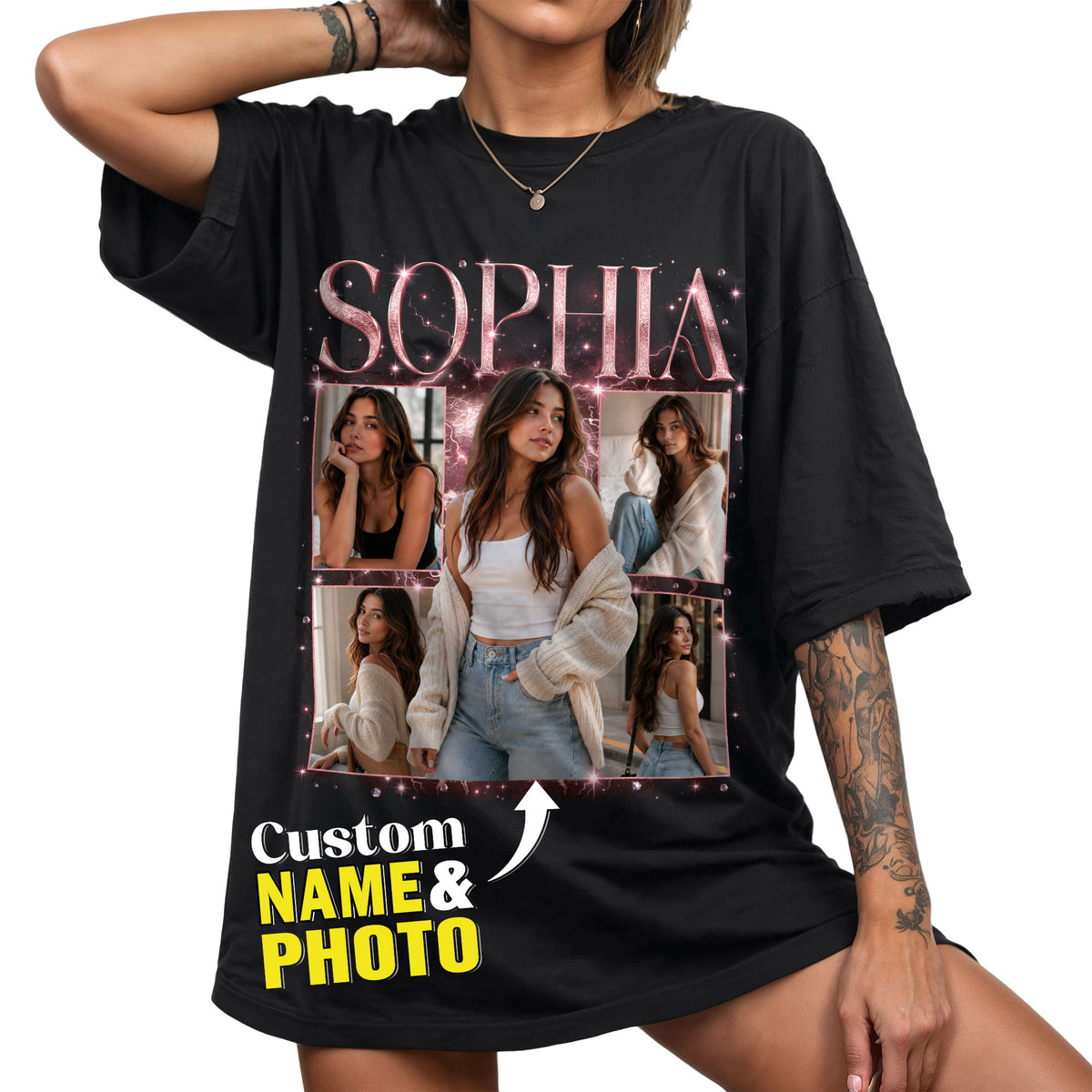 Custom Retro Rap Picture Tee Unique Graphic Shirt Design Vintage Name Collage Top