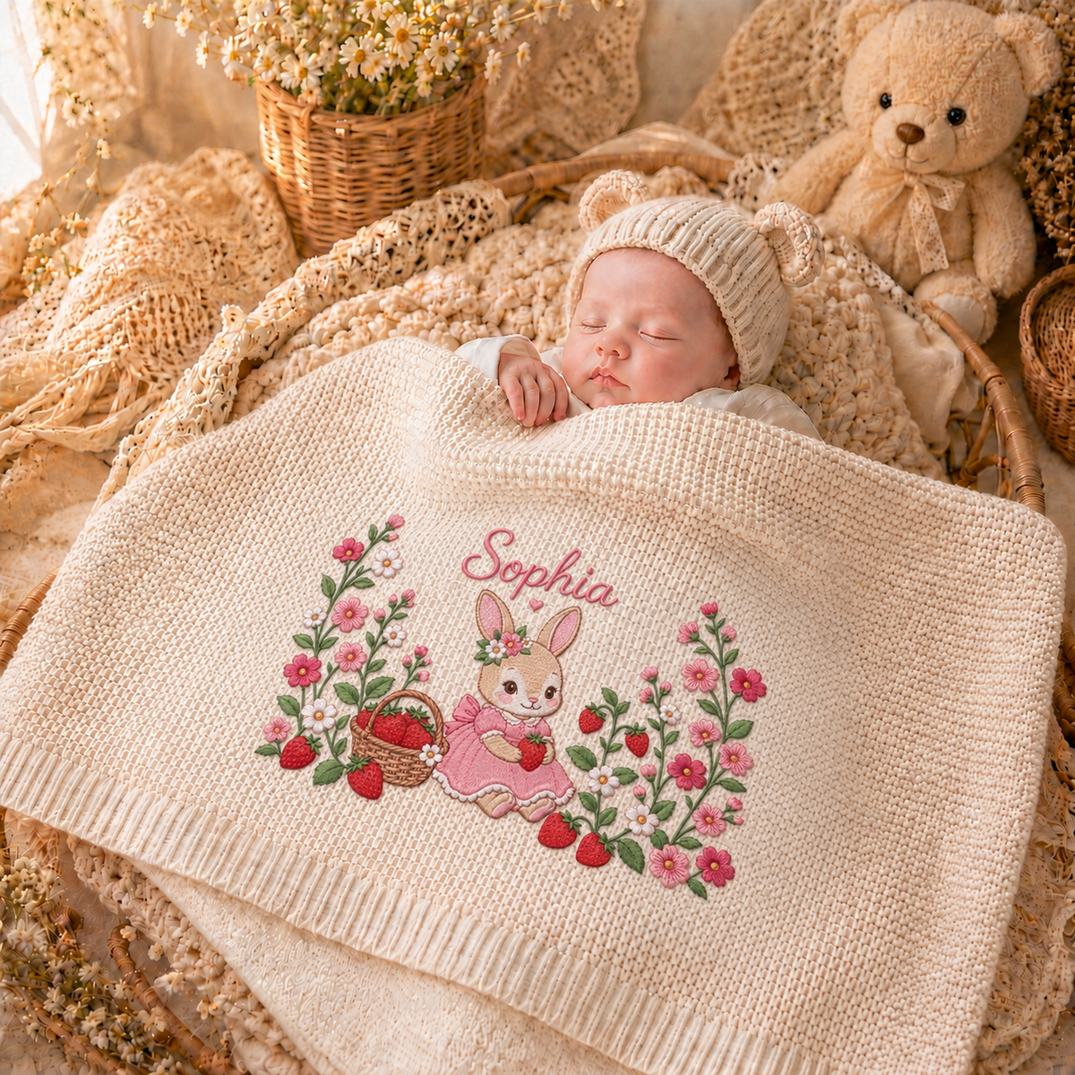 Custom Name Baby Knitted Blanket Bunny Rabbit Strawberry Flowers Warm Infant Swaddle Throw