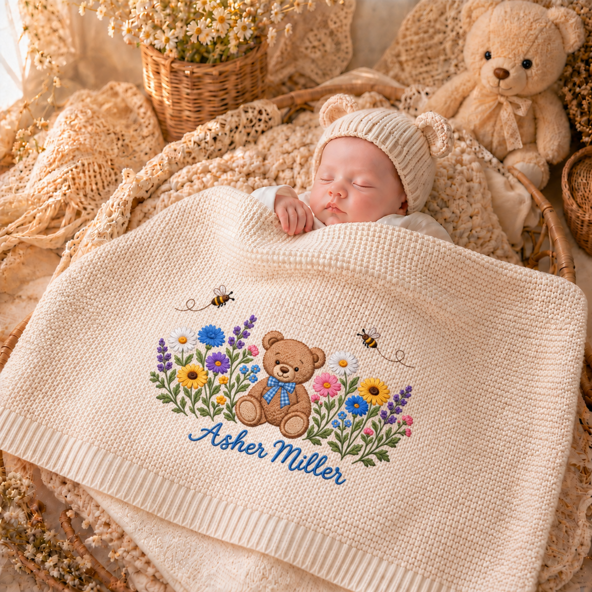 Custom Name Baby Knitted Blanket Teddy Bear Bees Wildflowers Warm Infant Swaddle Throw