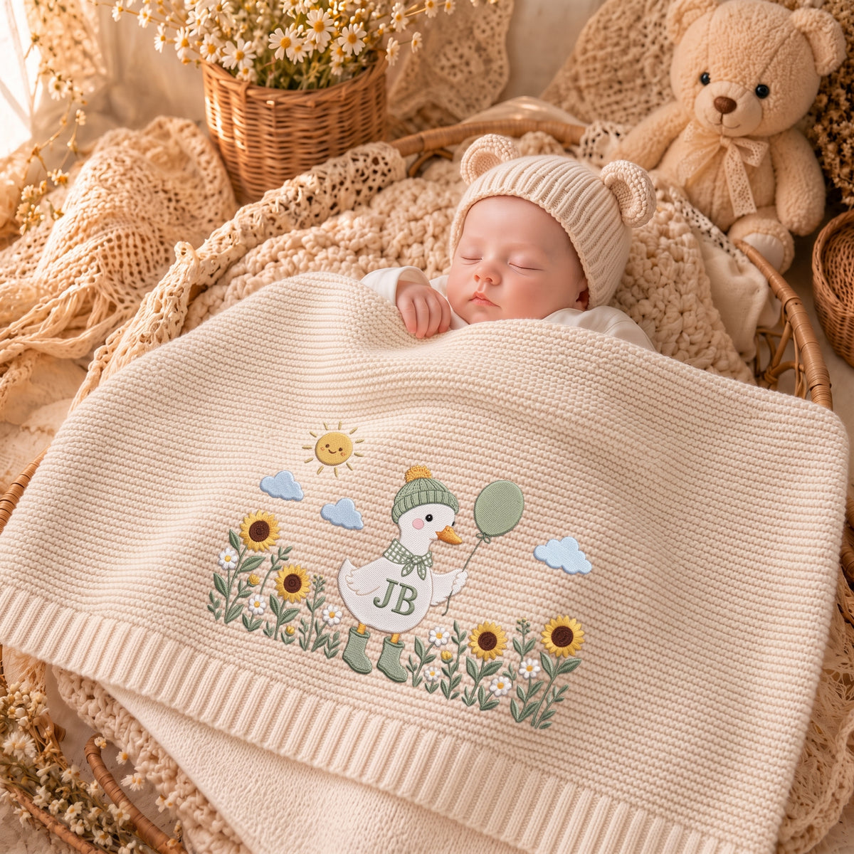 Custom Name Baby Knitted Blanket Duck Sunflowers Balloon Warm Infant Swaddle Sheet Throw