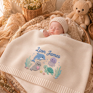 Custom Name Baby Knitted Blanket Dolphin Seal Sea Turtle Warm Infant Swaddle Sheet Throw