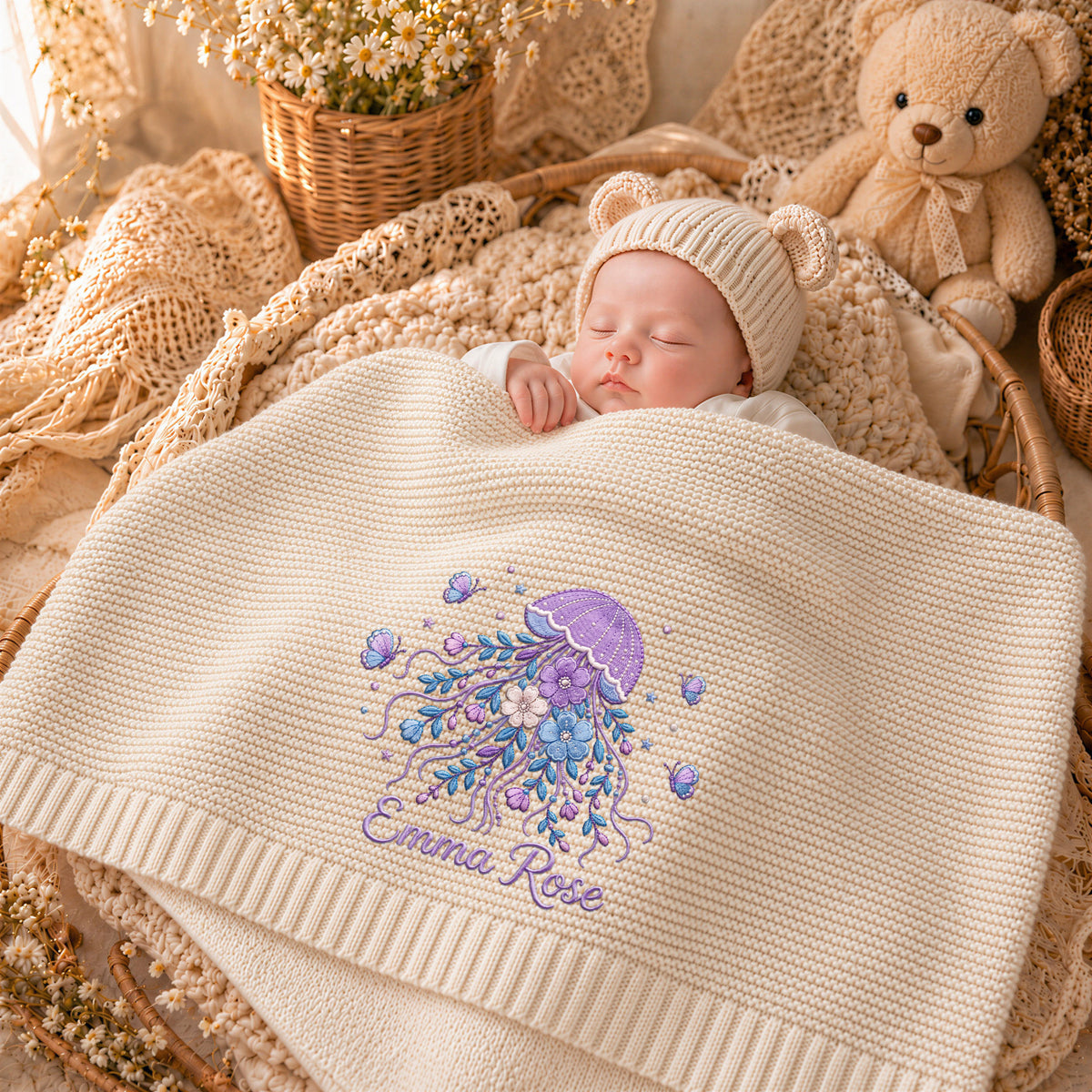 Custom Name Baby Knitted Blanket Jellyfish Floral Butterflies Warm Swaddle Sheet Throw
