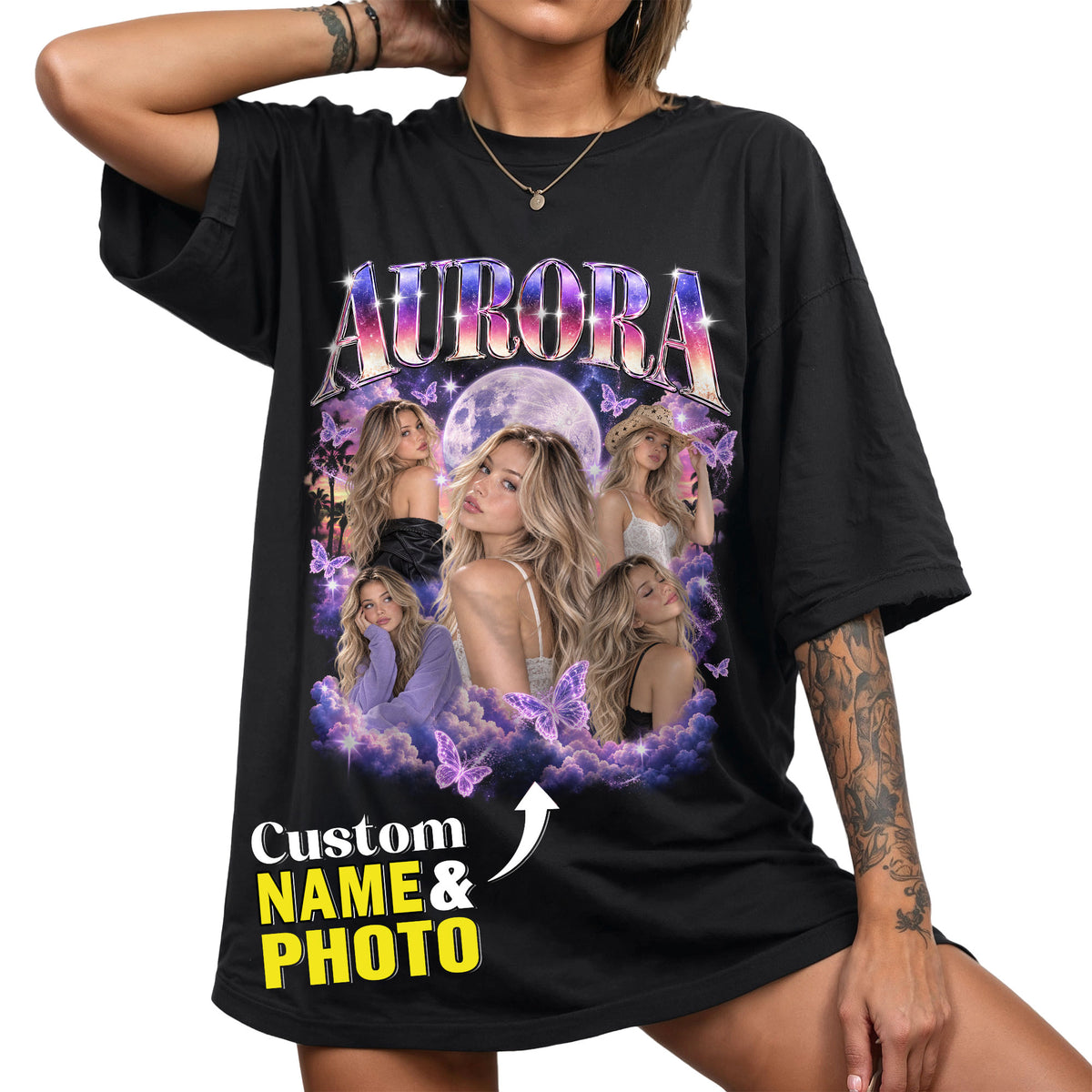 Custom Galaxy Rhinestone Name Butterfly Photo Collage T Shirt Top Apparel Garment