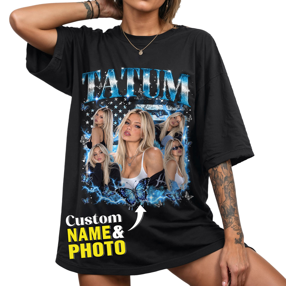 Custom Rhinestone USA Flag Name Butterfly Photo Collage T Shirt Top Apparel Outfit