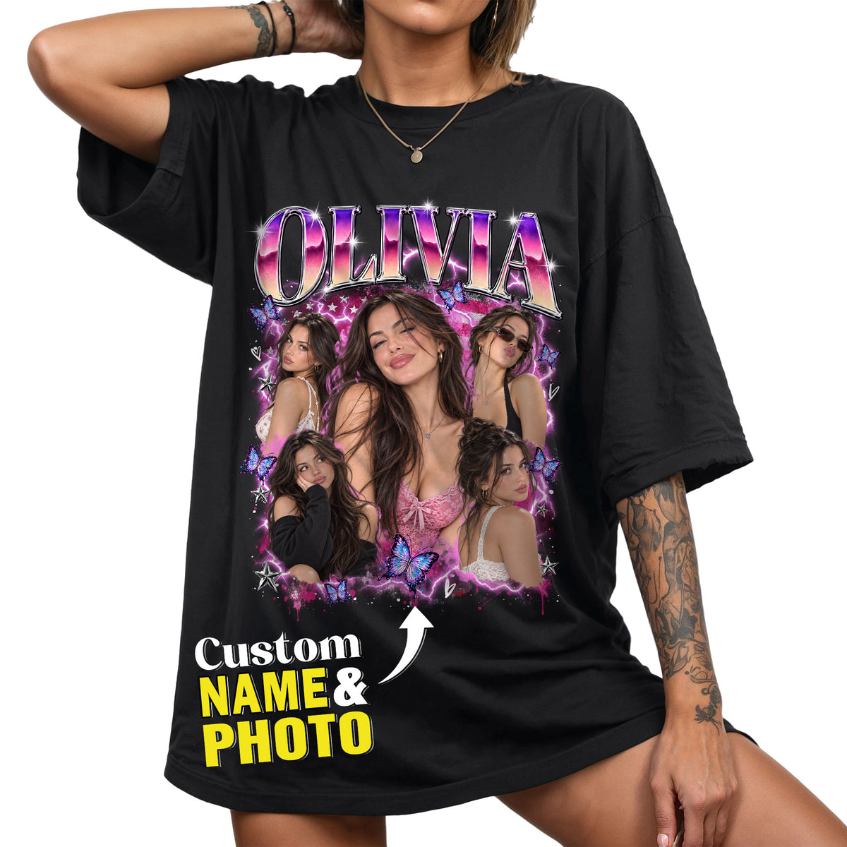Custom Vintage Rhinestone Name Butterfly Photo Collage T Shirt Top Apparel Garment