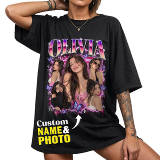Custom Vintage Rhinestone Name Butterfly Photo Collage T Shirt Top Apparel Garment