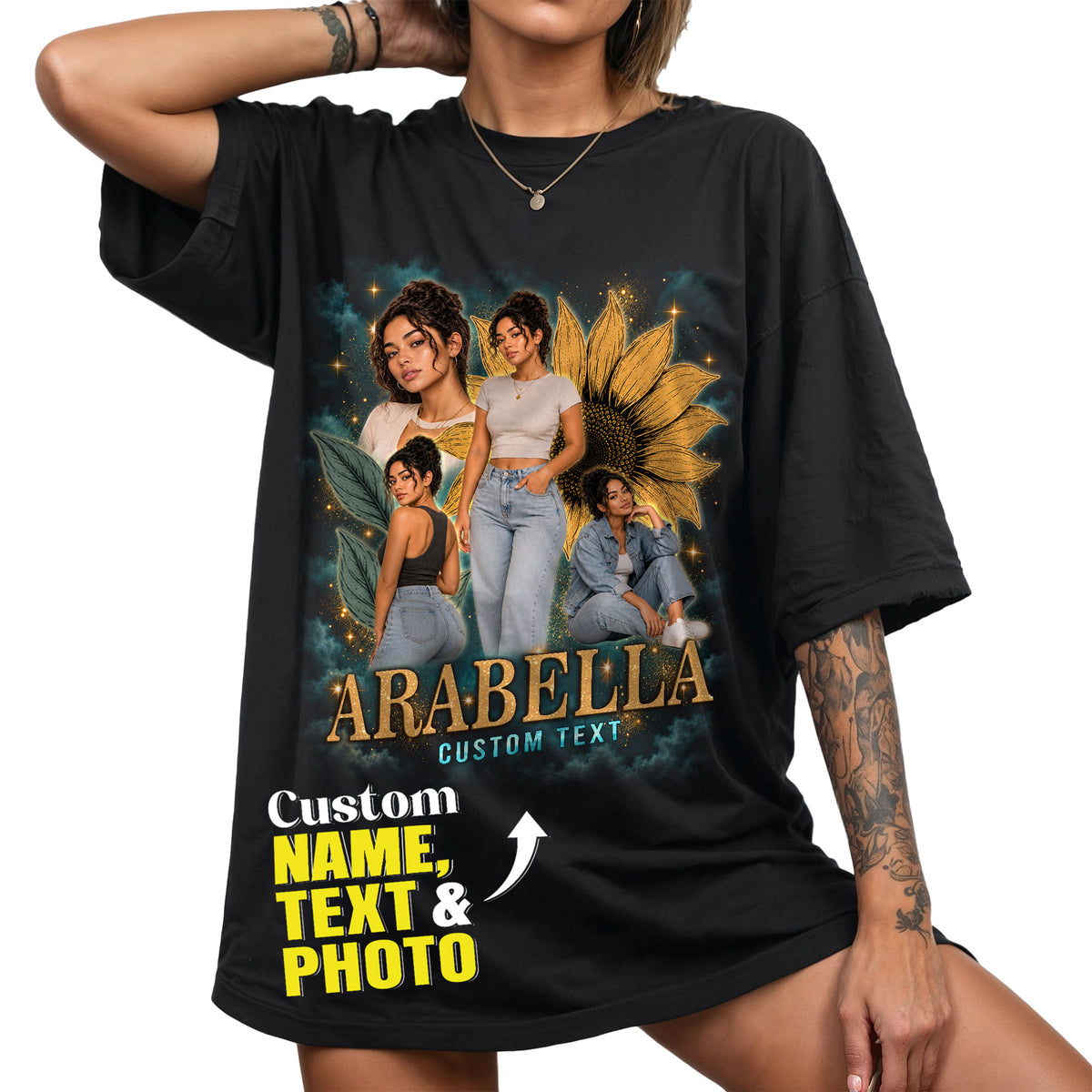 Personalized Vintage Sunflower Custom Photo Graphic Tee Shirt Retro Cotton Apparel