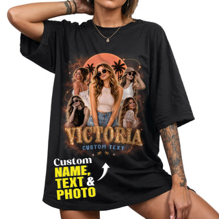 Personalized Vintage Sunset Palm Custom Photo Graphic Tee Shirt Retro Cotton Apparel