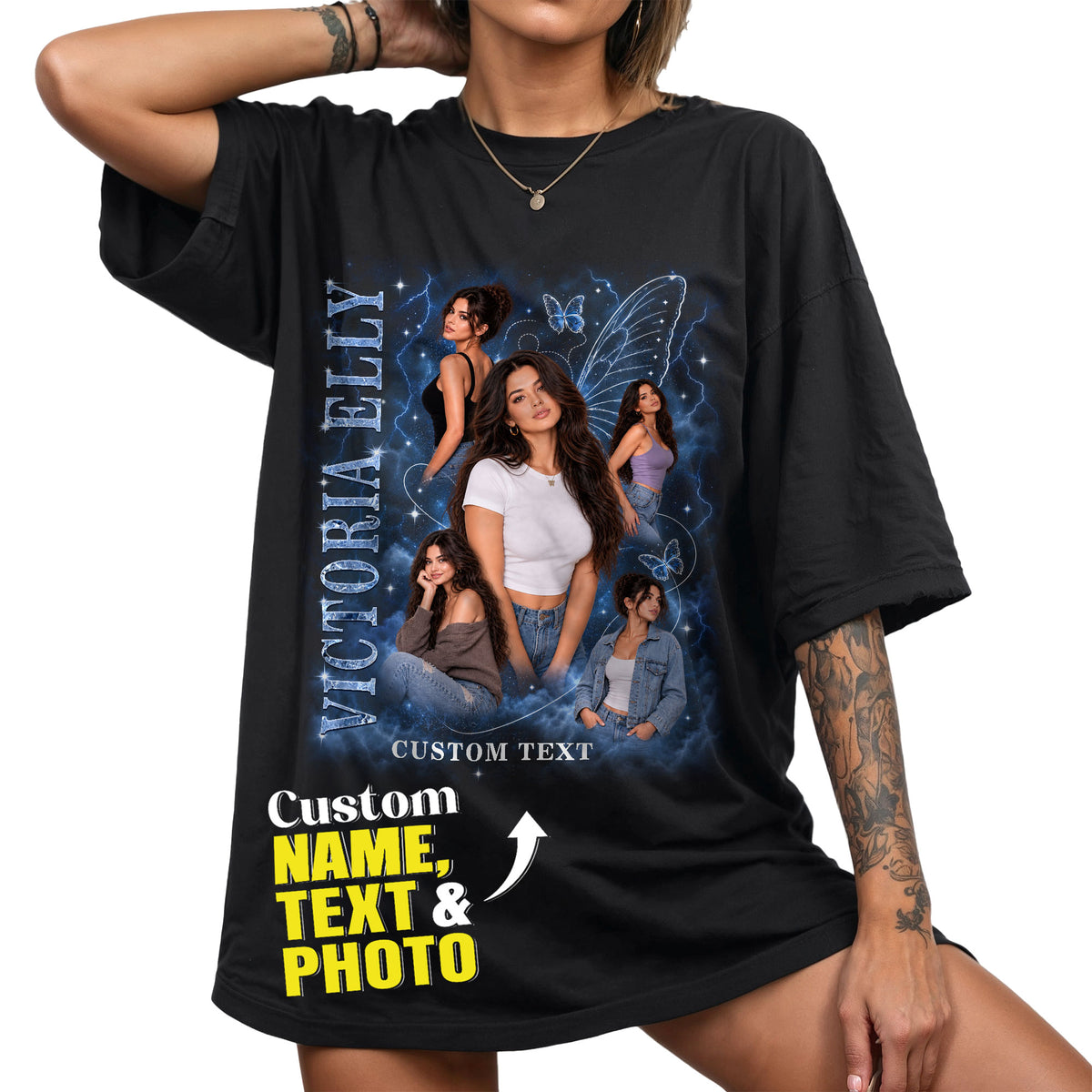 Personalized Vintage Butterfly Custom Photo Graphic Tee Shirt Retro Cotton Apparel