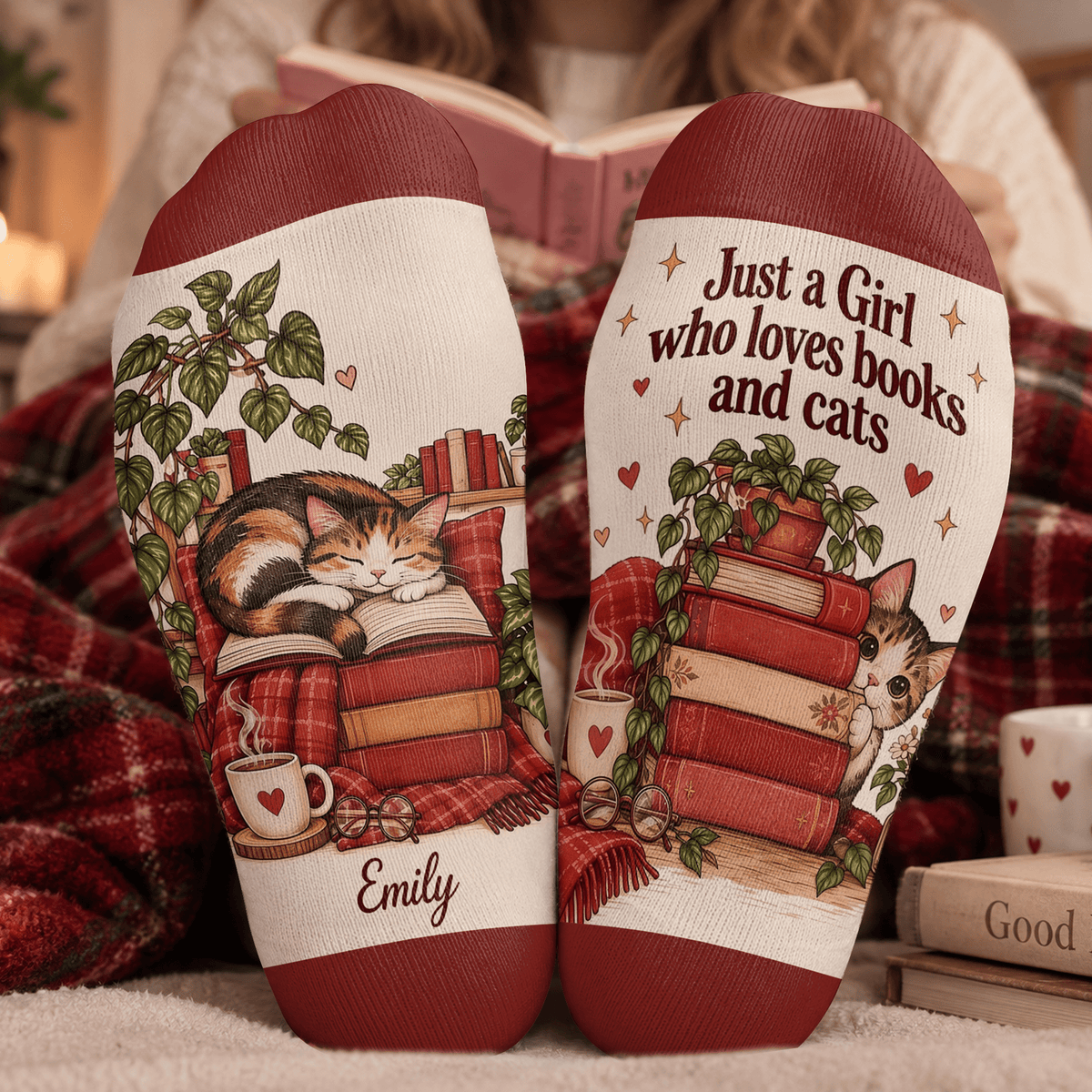 Custom Book Socks with Girl and Cat Reader Art, Socks for Women and Men with Style, Christmas Gifts and Book Lovers Gifts for Reading, Pallyprints Co.