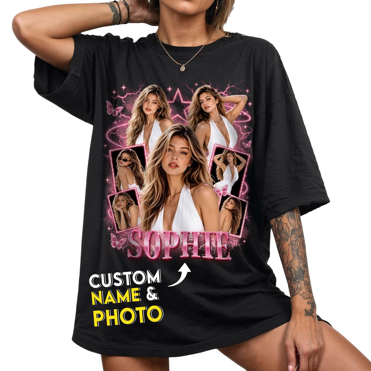 Personalized Vintage Neon Glow Custom Photo Graphic Tee Shirt Retro Cotton Apparel