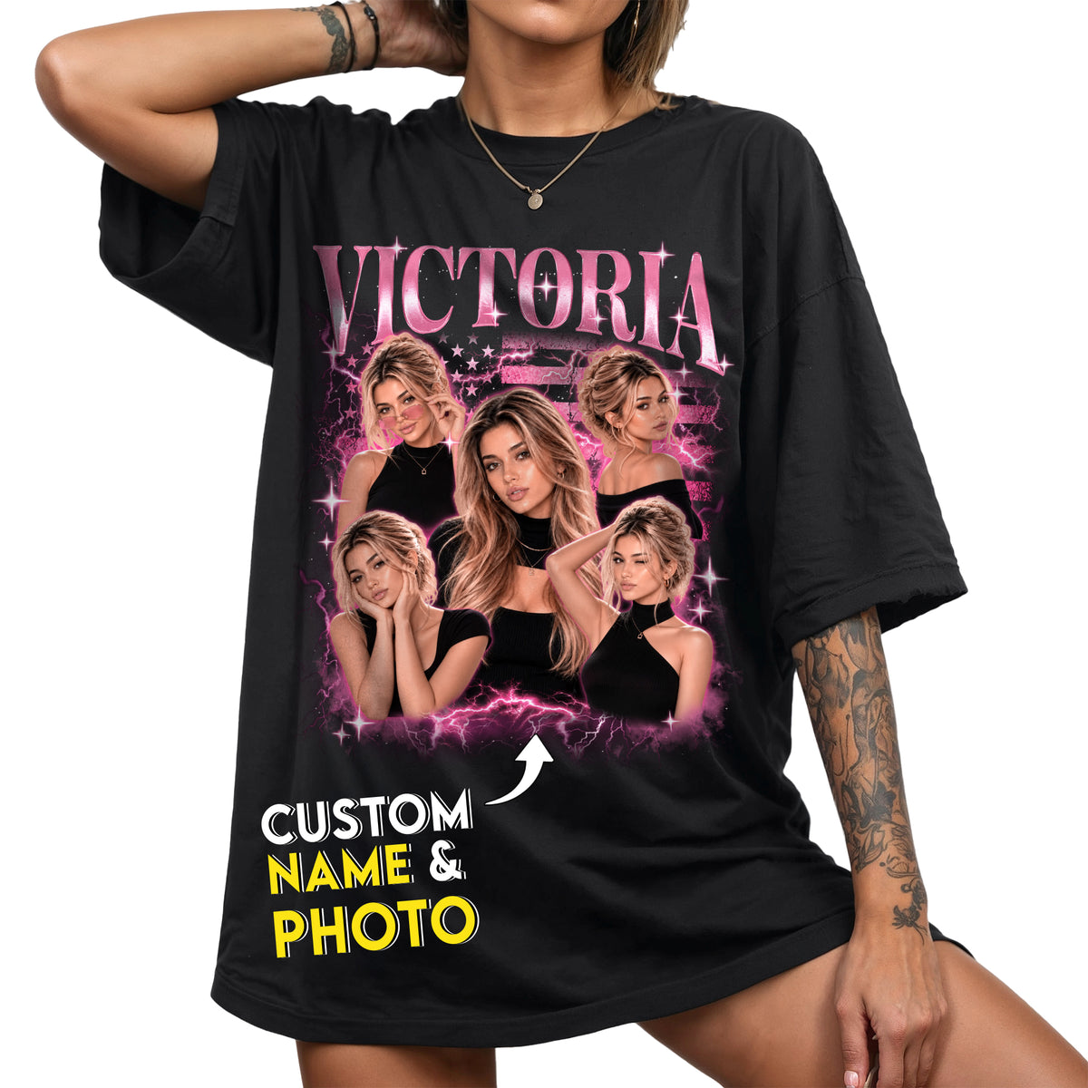 Personalized Vintage Sparkle Custom Photo Graphic Tee Shirt Retro Cotton Apparel