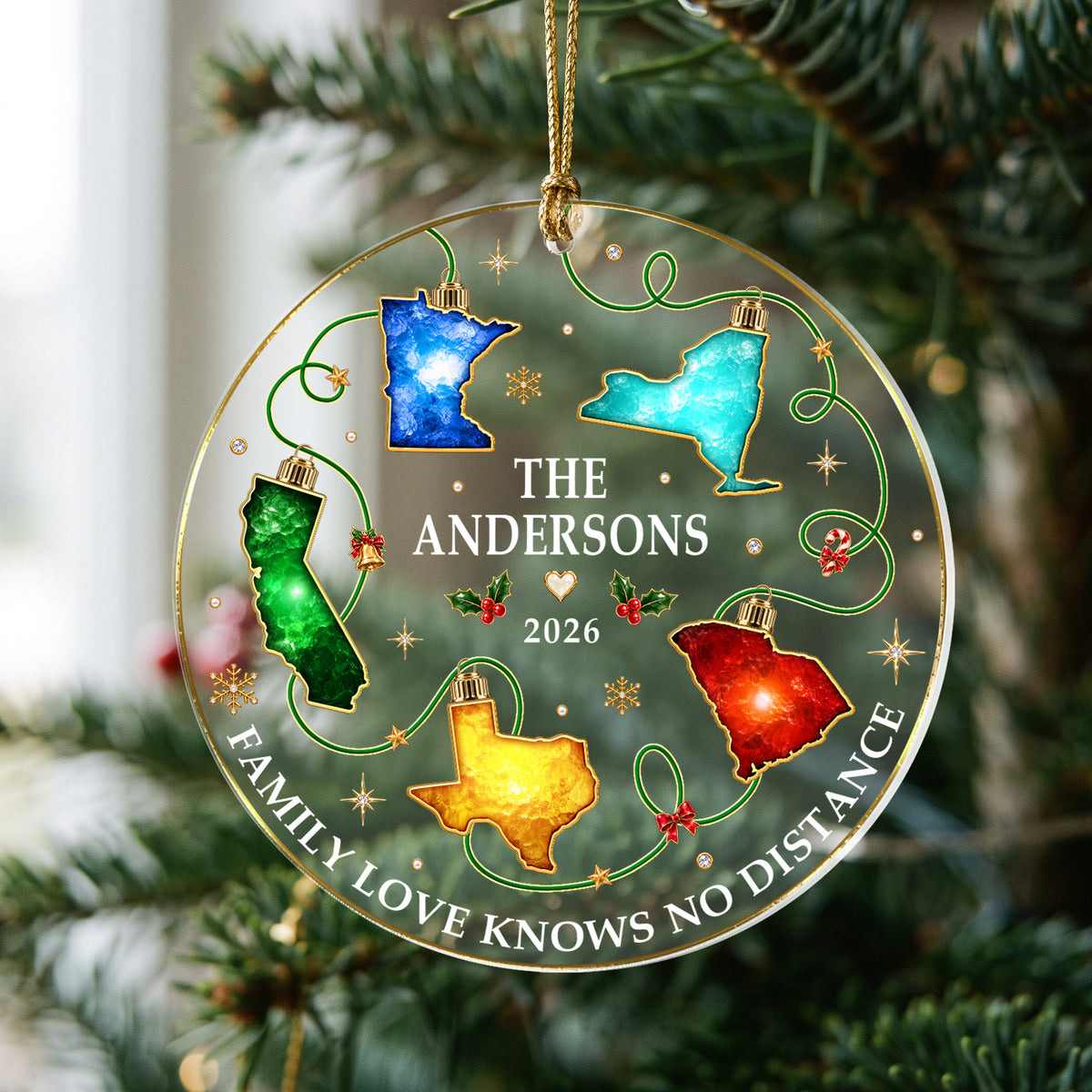 Personalized Christmas Light State Acrylic Ornament Long Distance Family Tree Decor