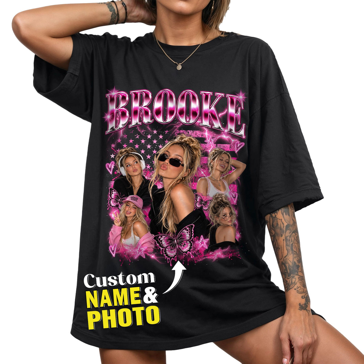 Pink Butterfly Custom T-Shirts with Photos and Name, Personalized Gifts for Women, Customized Tee Shirts with Pictures, Graphic Tee, Pallyprints Co.