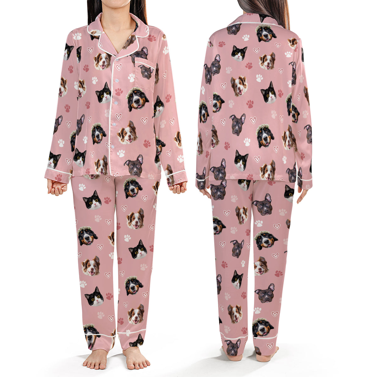 Custom Pet Face Satin Pajamas Set Personalised Dog Cat Face PJs Women Sleepwear Gift