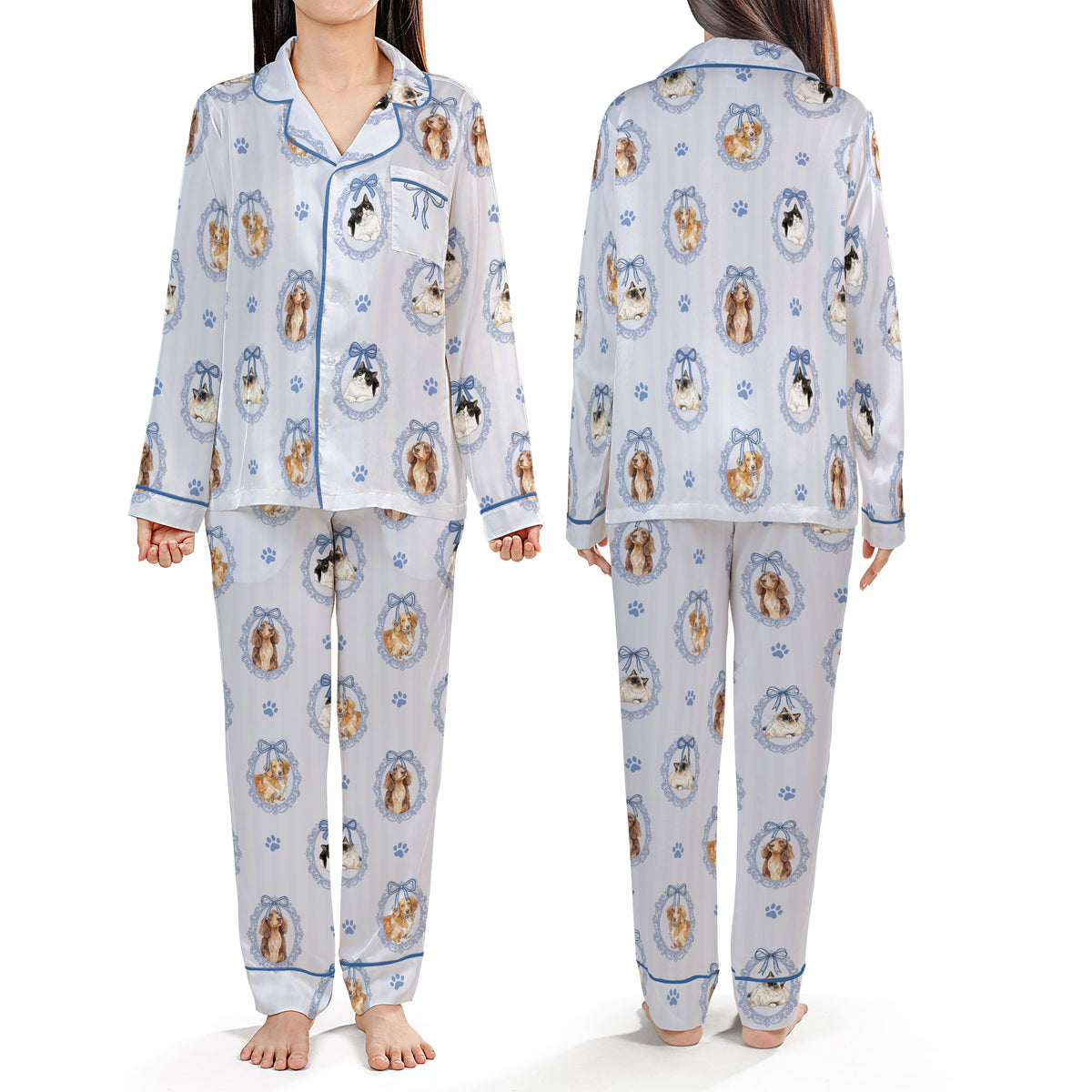 Custom Pet Satin Pajamas Set Personalised Dog Cat Portrait PJs Vintage Bow Sleepwear