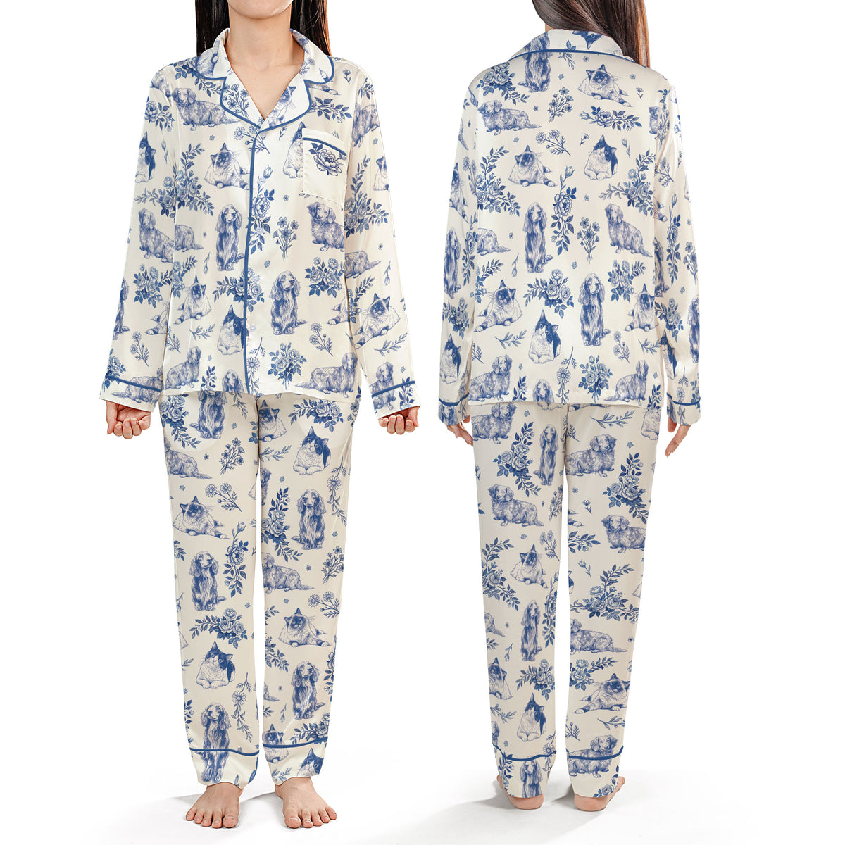 Custom Pet Satin Pajamas Set Personalised Vintage Floral Toile Dog Cat PJs Sleepwear