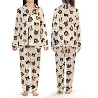 Custom Pet Face Satin Pajamas Personalised Photo Dog Cat PJs Women Long Sleeve Set