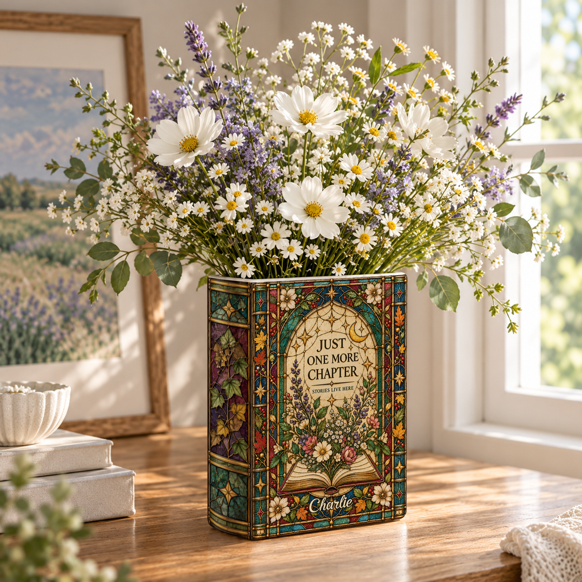 Custom Book Vase Just One More Chapter Stained Glass Floral Flower Holder Centerpiece