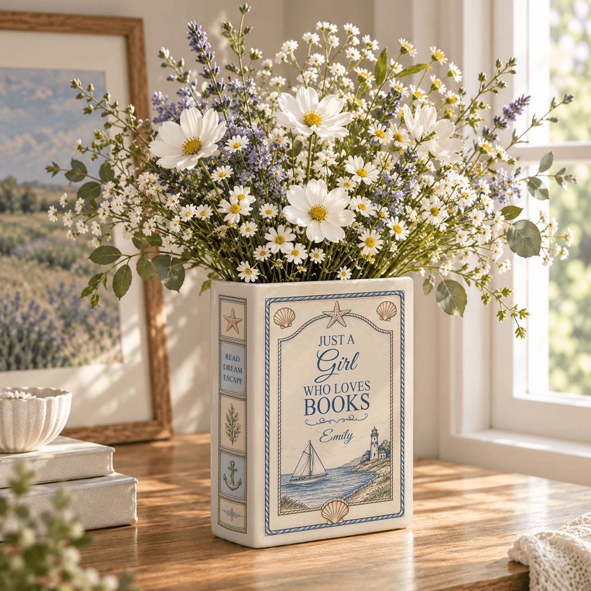 Custom Book Vase Just A Girl Who Loves Books Nautical Floral Flower Holder Centerpiece