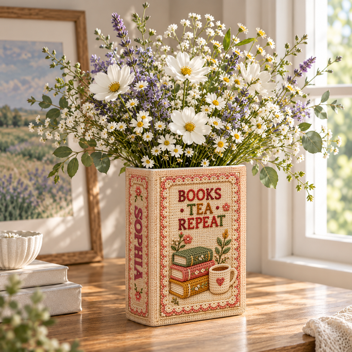 Custom Book Flower Vase Books Tea Repeat Floral Centerpiece Bookish Gift for Book Lovers