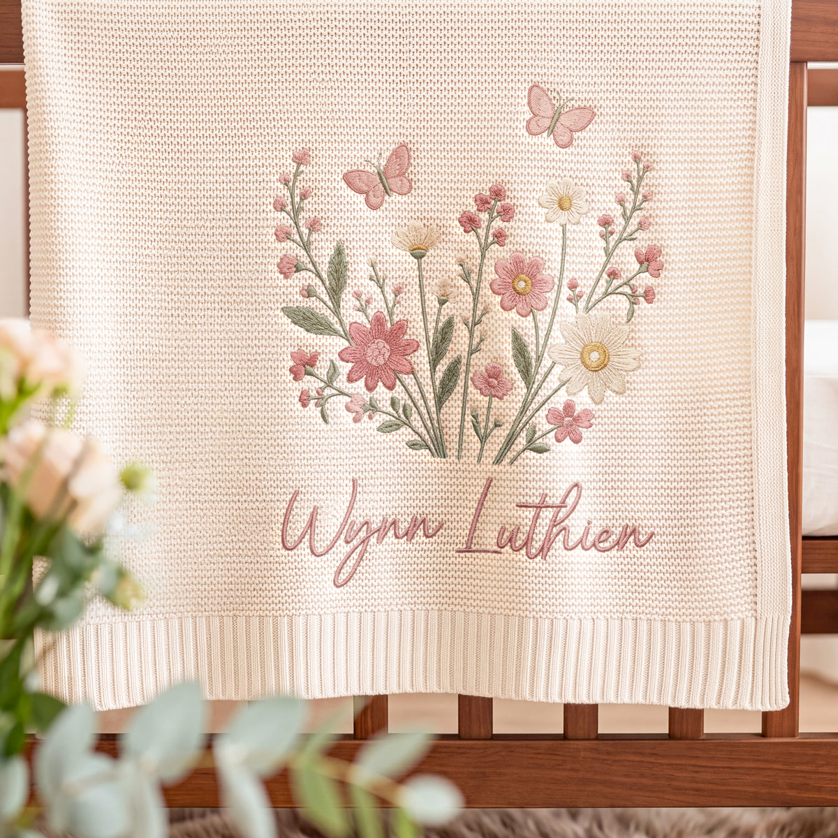 Personalized Embroidered Baby Name Blanket Floral Butterfly Custom Knit Blanket Baby Gift