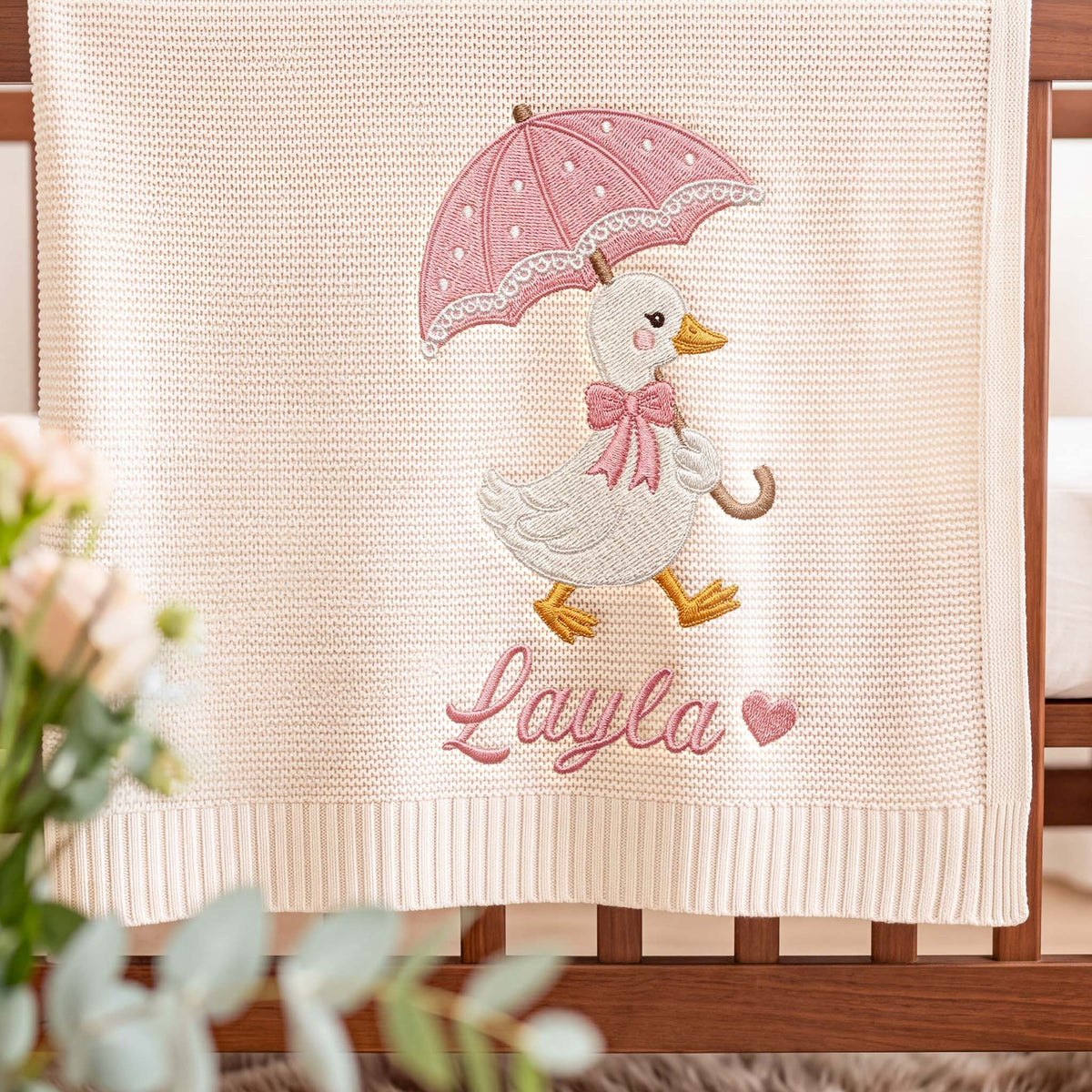 Personalized Embroidered Baby Name Blanket Cute Duck Umbrella Custom Knit Baby Shower Gift